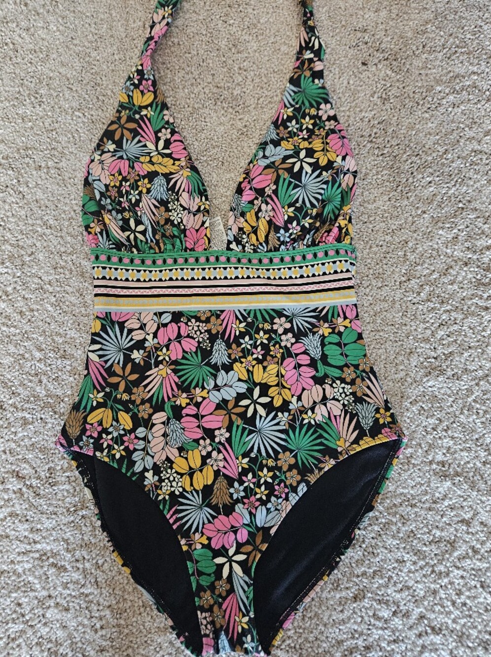Boden Black One-Piece Swimsuit with Pink, Green & Yellow Floral Print